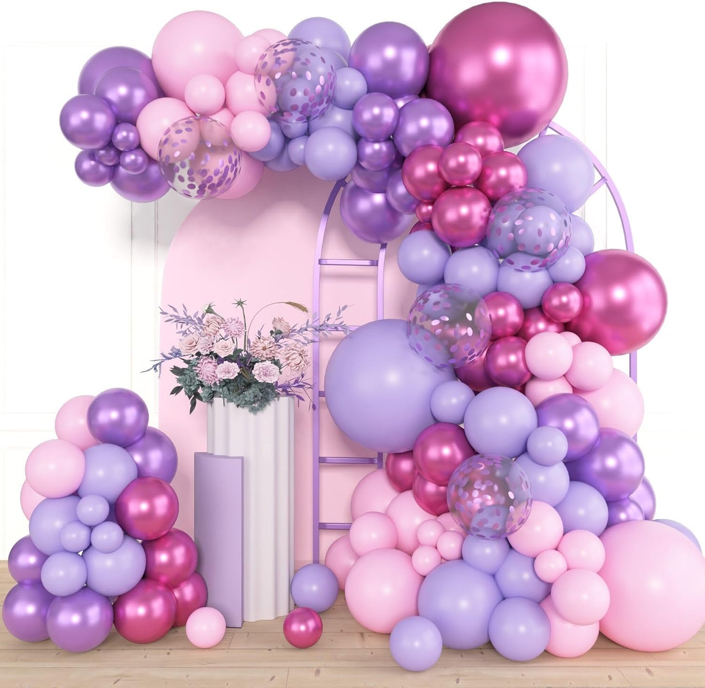 Pink Purple Latex Metallic Confetti Balloons kit - 153 Pcs Pack