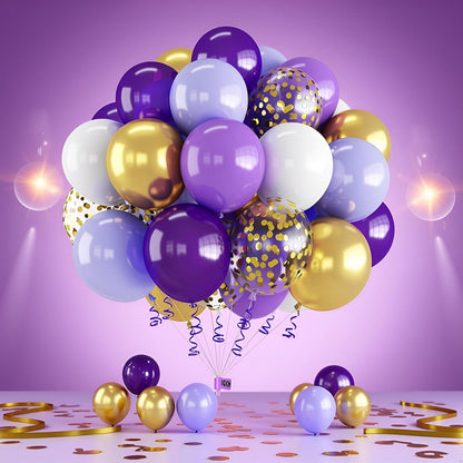 60 Pcs Metallic Gold Purple Confetti Balloons for Wedding & Birthday Party