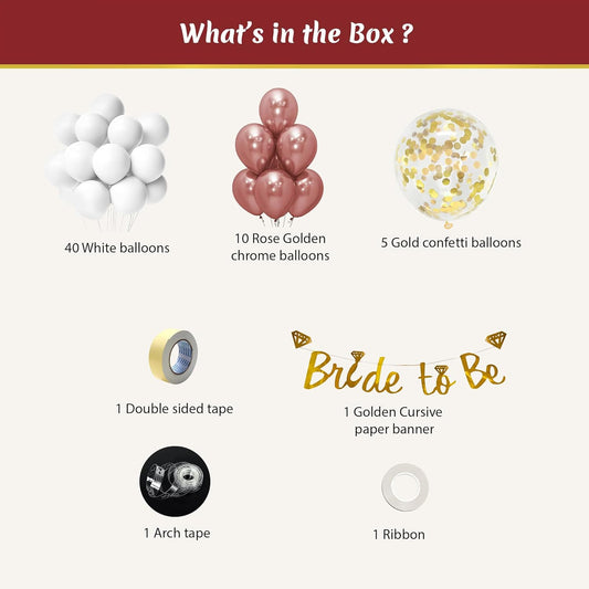 Bride to be Decoration Set with White & Rose gold Balloons- 59 Pcs combo