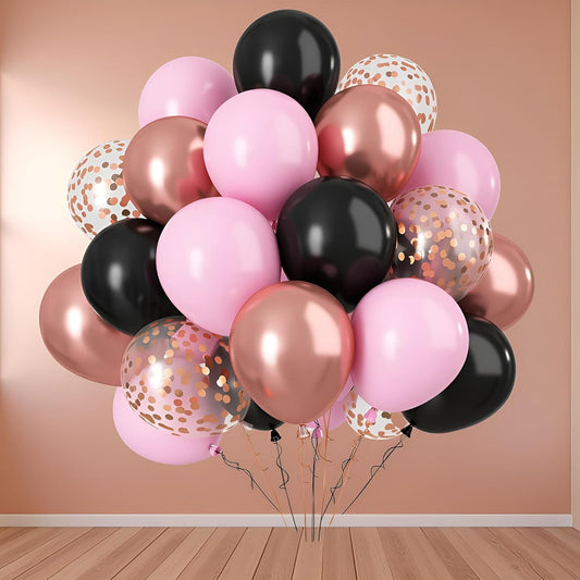 Rose Gold Pink Black Confetti Balloons 60 Pcs - Metallic Party Decorations for Wedding & Birthday Party