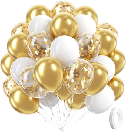 60 Pcs Metallic Gold White Confetti Balloons  for Wedding & Birthday Party