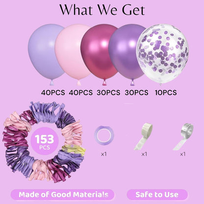 Pink Purple Latex Metallic Confetti Balloons kit - 153 Pcs Pack
