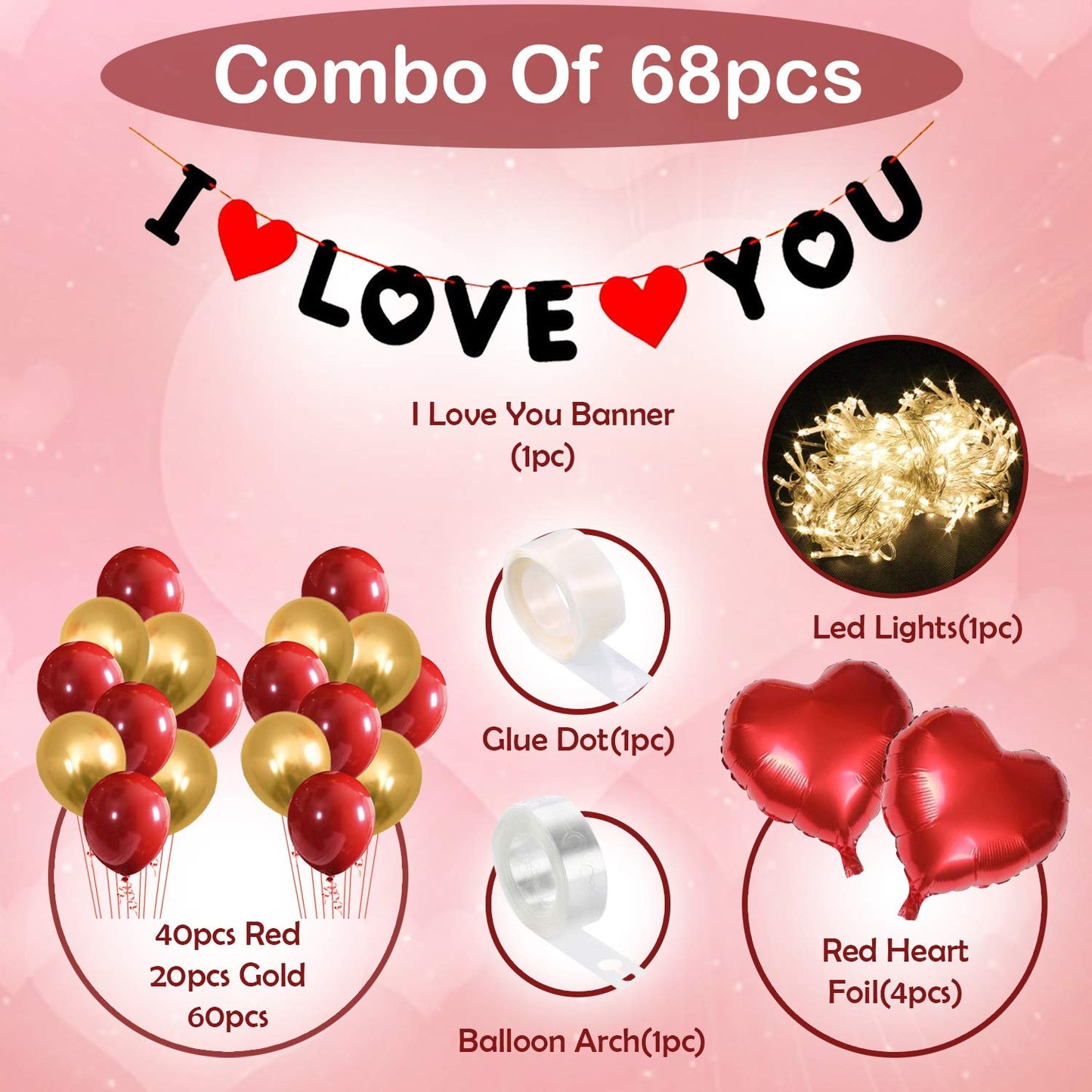 68 PCS I Love You Decoration Combo – Romantic Red & Gold Theme