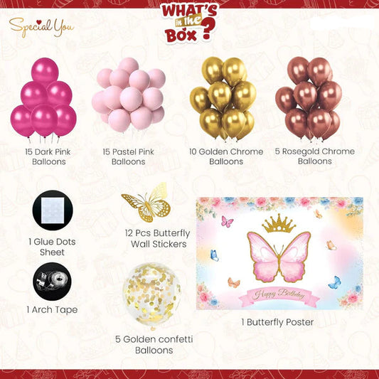 Pink & Gold Butterfly Theme Birthday Decoration Kit - 65 Pcs Combo