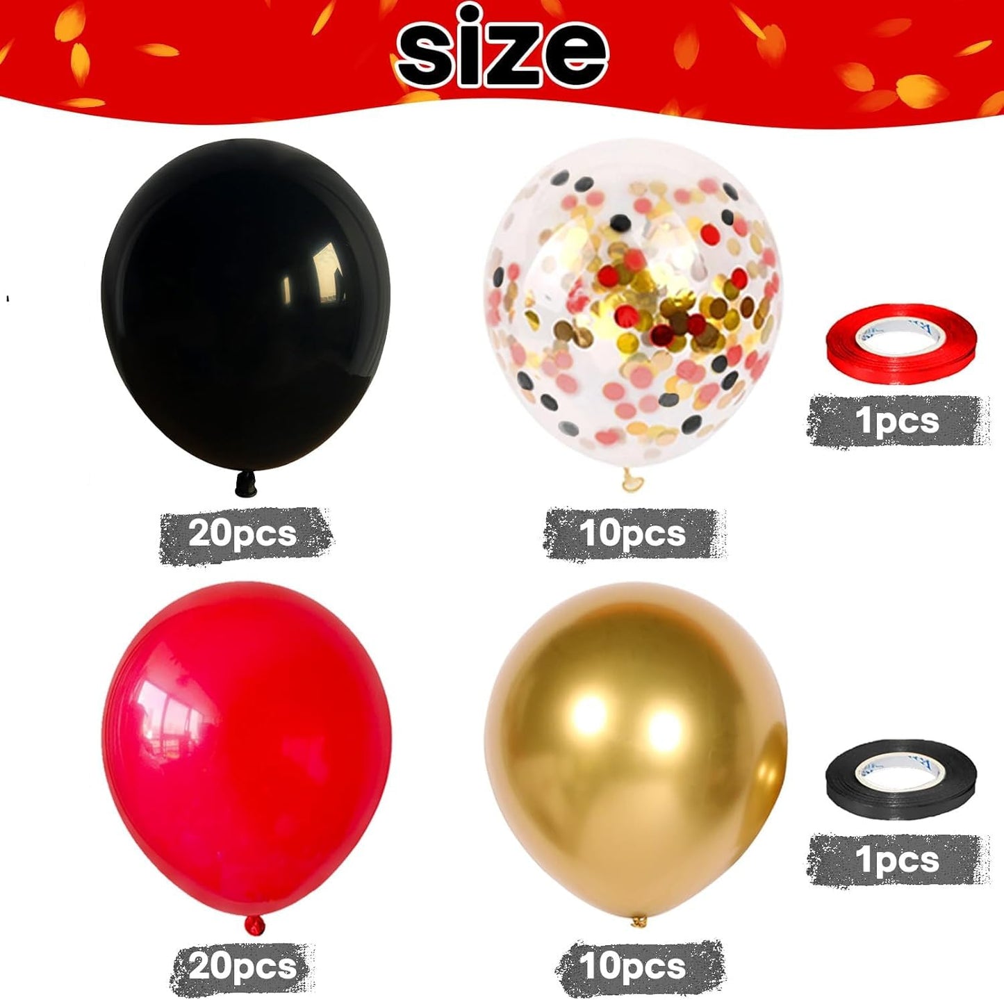 60pcs Metallic Gold Red Black Confetti Balloons (Red Black Gold)