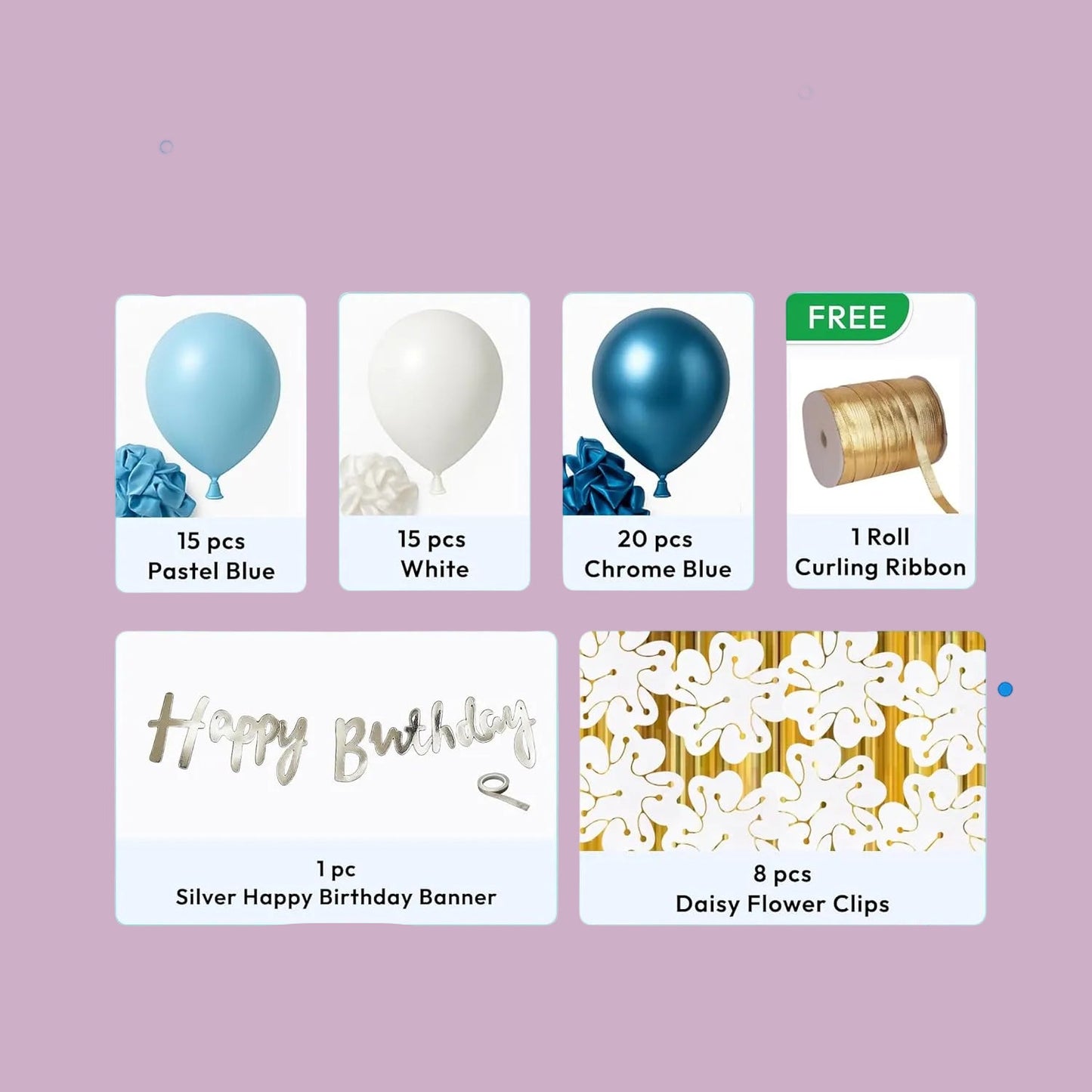 Blue & White Birthday Decoration Kit With flower clip– Set of 58 Pcs