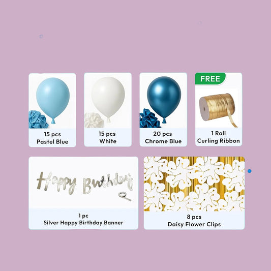 Blue & White Birthday Decoration Kit With flower clip– Set of 58 Pcs