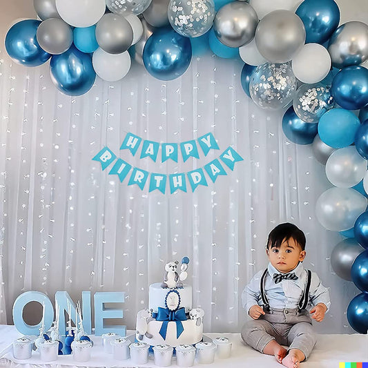 Birthday Decoration Kit for boys with Silver, White & blue Balloons, 66 pcs Pack