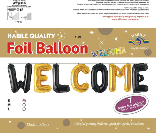 Welcome Foil Balloon Set – 7 Letter Golden & Black Balloons