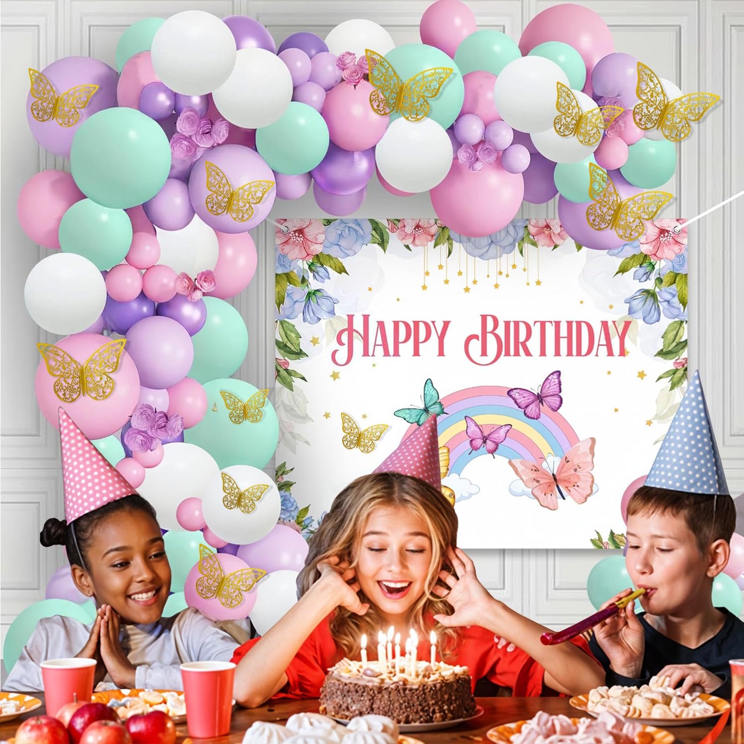 93-Piece Butterfly Theme Birthday Decoration Kit for Girls: Pastel Balloons & Backdrop