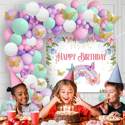 93-Piece Butterfly Theme Birthday Decoration Kit for Girls: Pastel Balloons & Backdrop