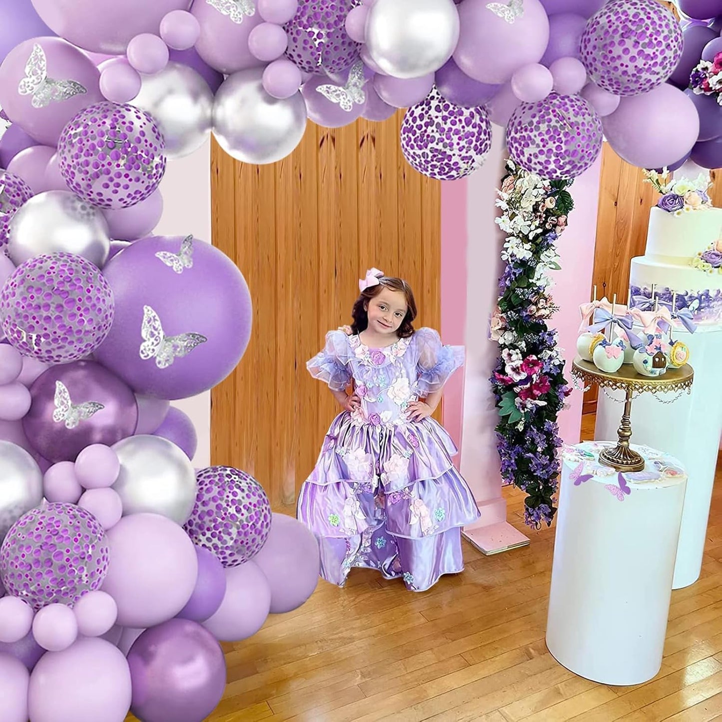 Magical Purple Butterfly Balloon Arch Kit with Shimmering Silver Confetti for Girls