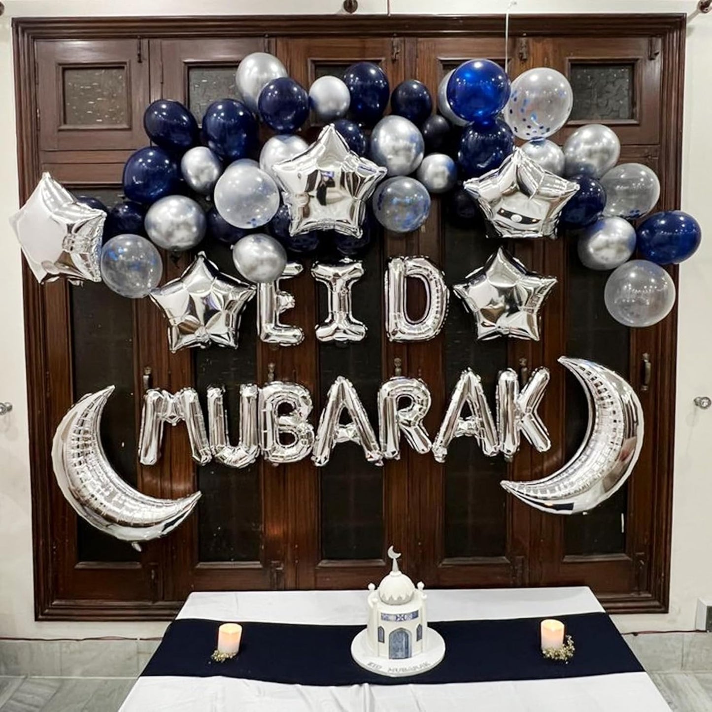 Eid Mubarak Decorations, White & Blue Balloons - 45 Pcs Combo