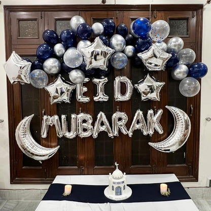 Eid Mubarak Decorations, White & Blue Balloons - 45 Pcs Combo