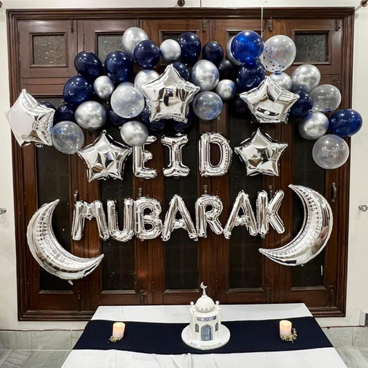 Eid Mubarak Decorations, White & Blue Balloons - 45 Pcs Combo
