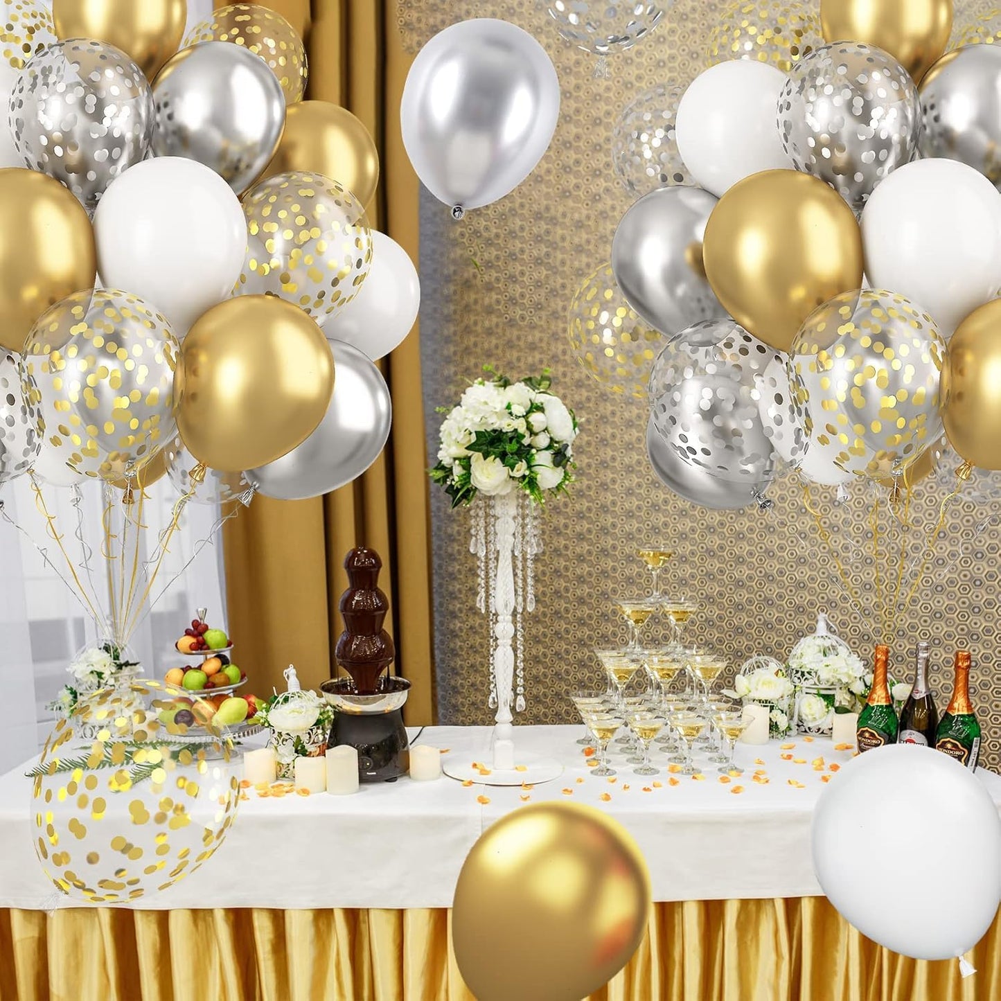 60pcs Metallic Gold Silver White Confetti Balloons - Wedding & Birthday Party