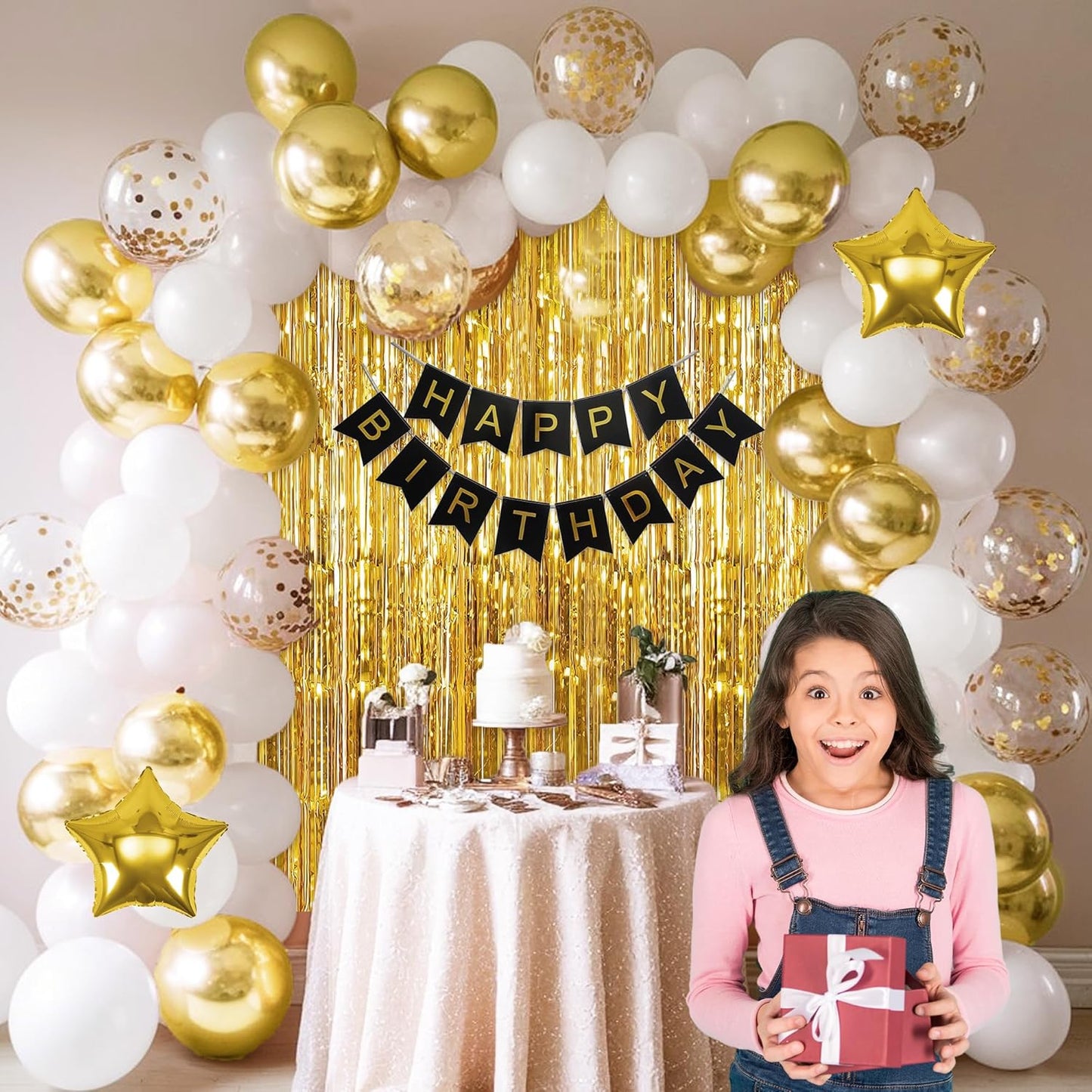 Happy Birthday Decoration Kit with Gold & White Balloons - 63 Pcs combo