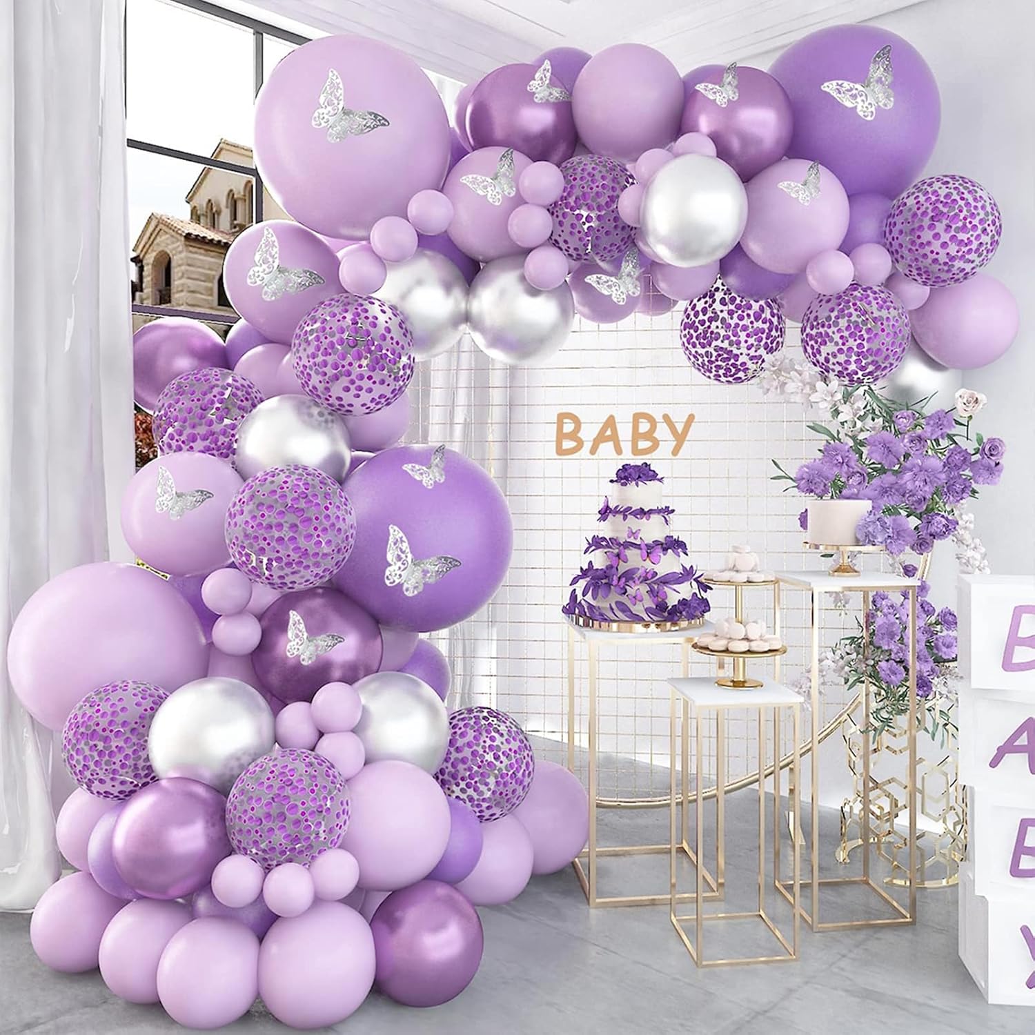 Magical Purple Butterfly Balloon Arch Kit with Shimmering Silver Confetti for Girls