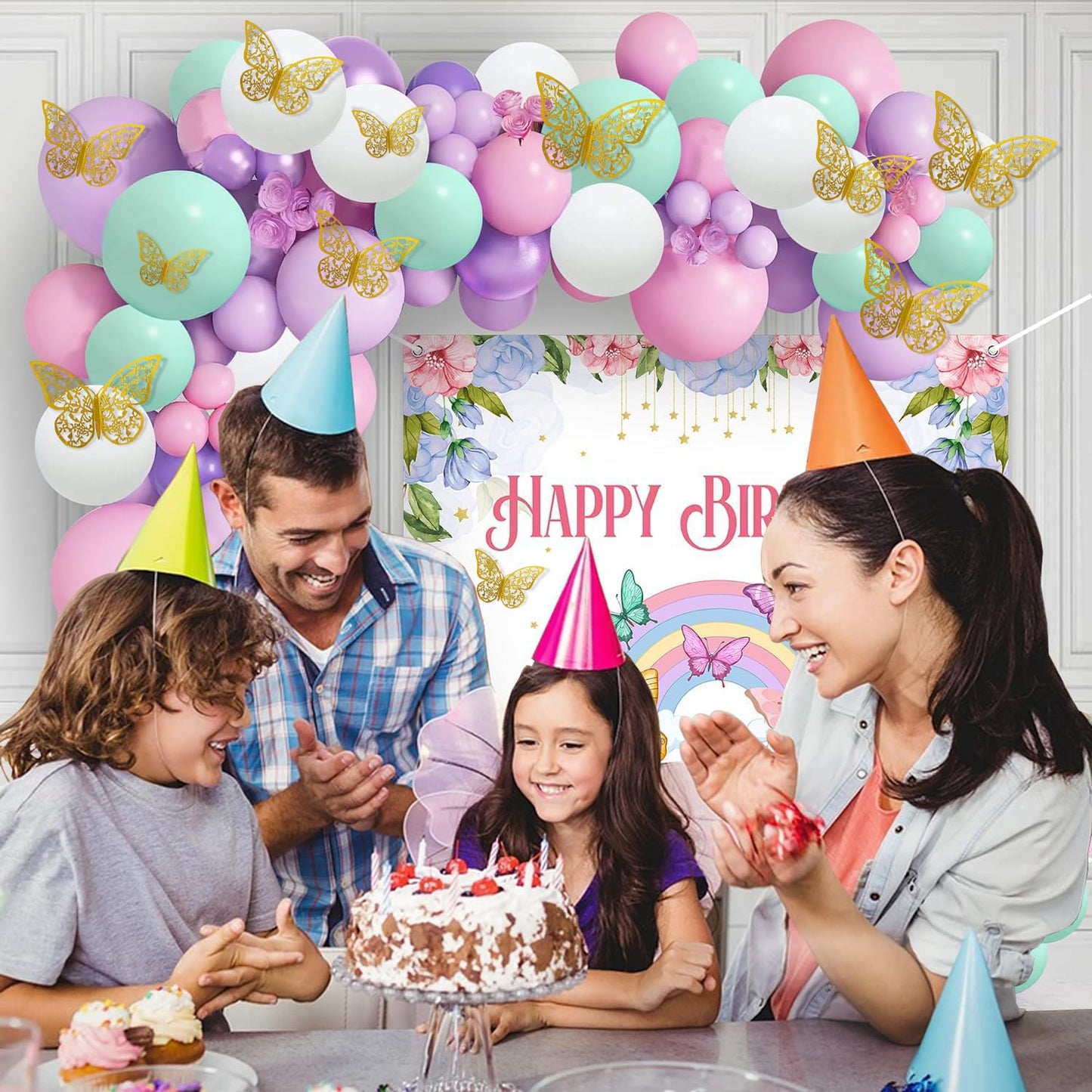 93-Piece Butterfly Theme Birthday Decoration Kit for Girls: Pastel Balloons & Backdrop