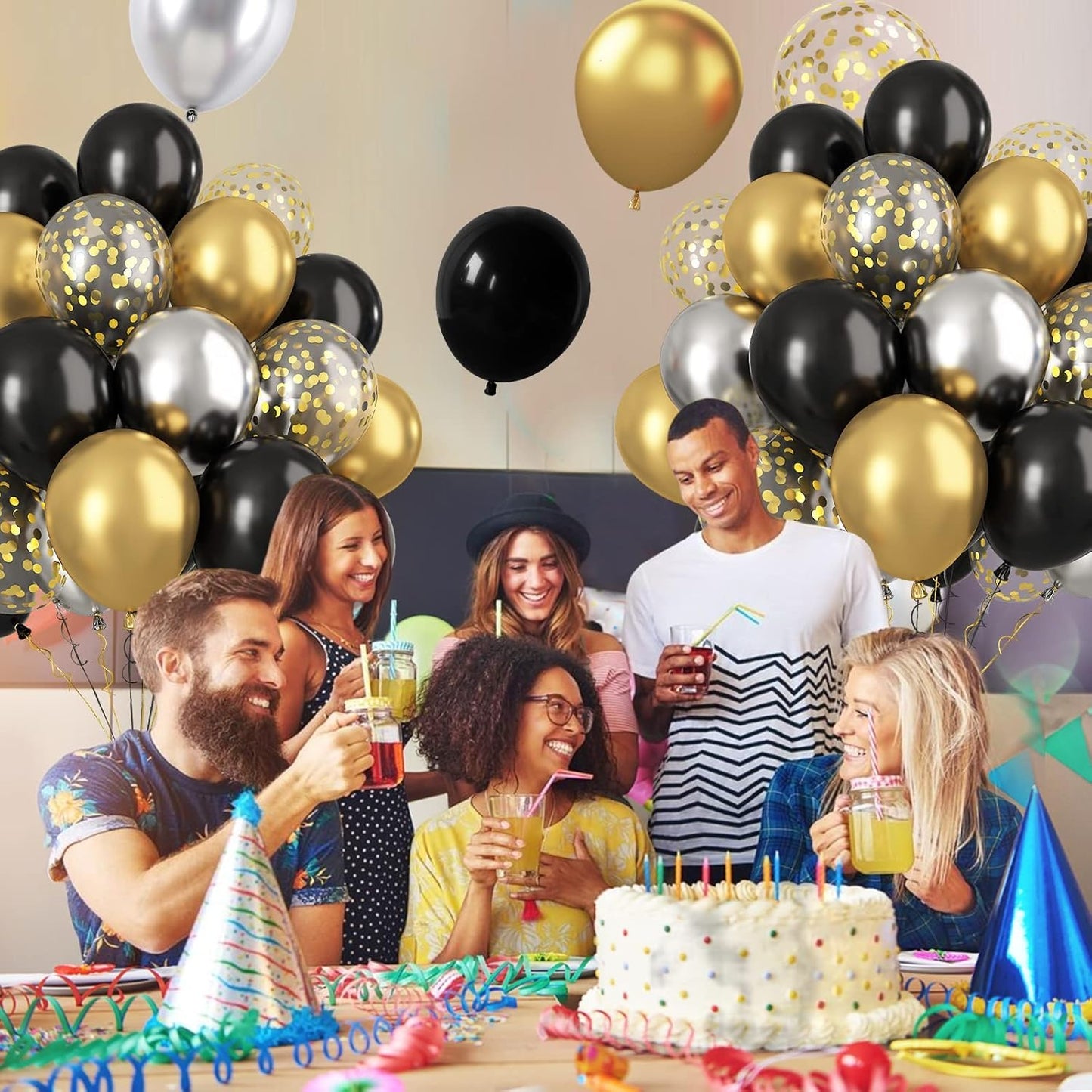 Metallic Confetti Balloons 60 Pack - Gold Silver Black Balloons for Wedding & Birthday Party