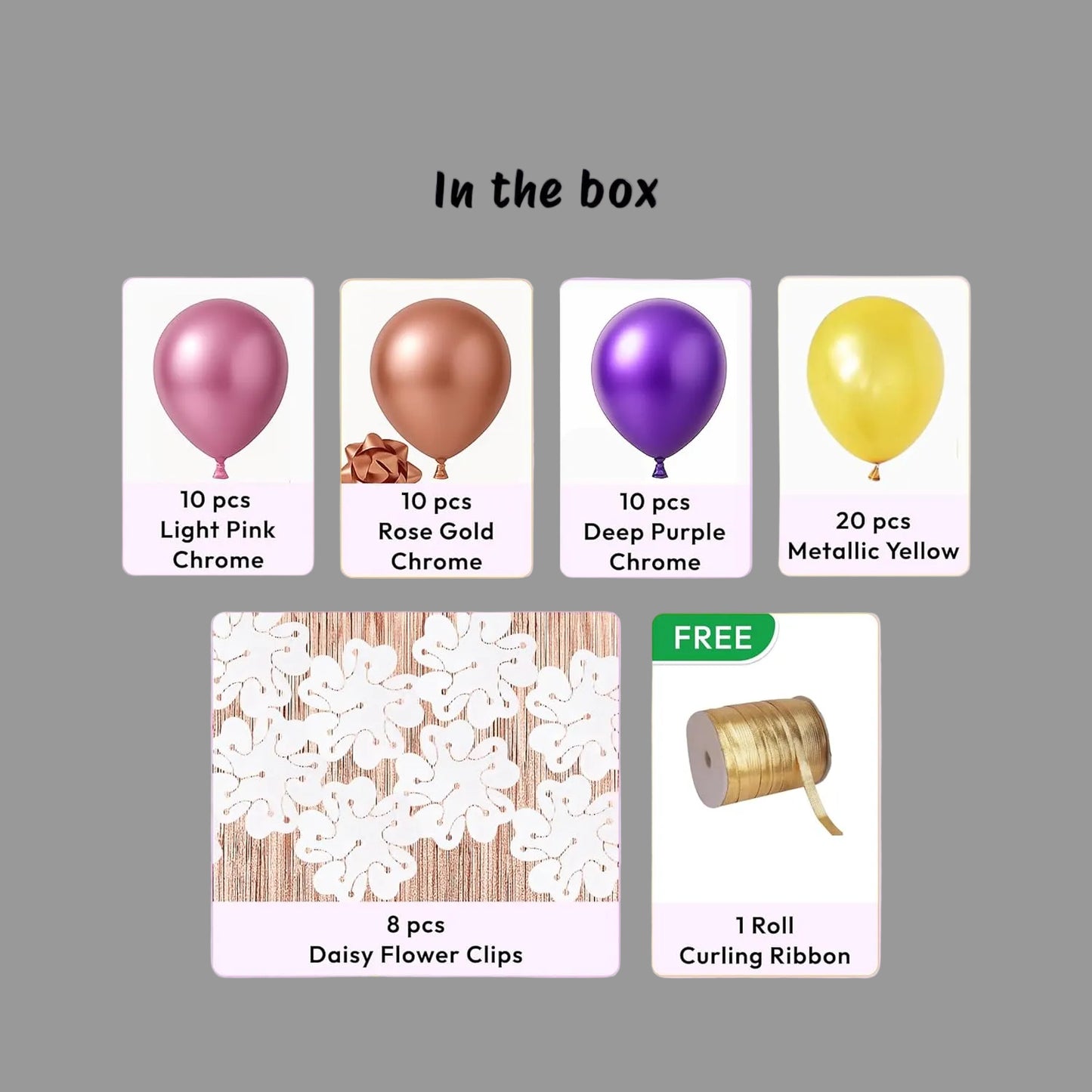 Birthday Decoration Set – 59Pcs Metallic Chrome Balloon Kit with Curling Ribbon & Flower Clips