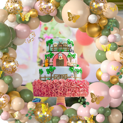 Chic Olive Green Beige Gold Balloon Arch Kit with 3D Butterflies