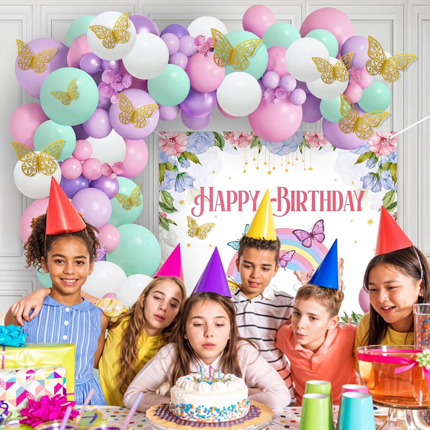 93-Piece Butterfly Theme Birthday Decoration Kit for Girls: Pastel Balloons & Backdrop