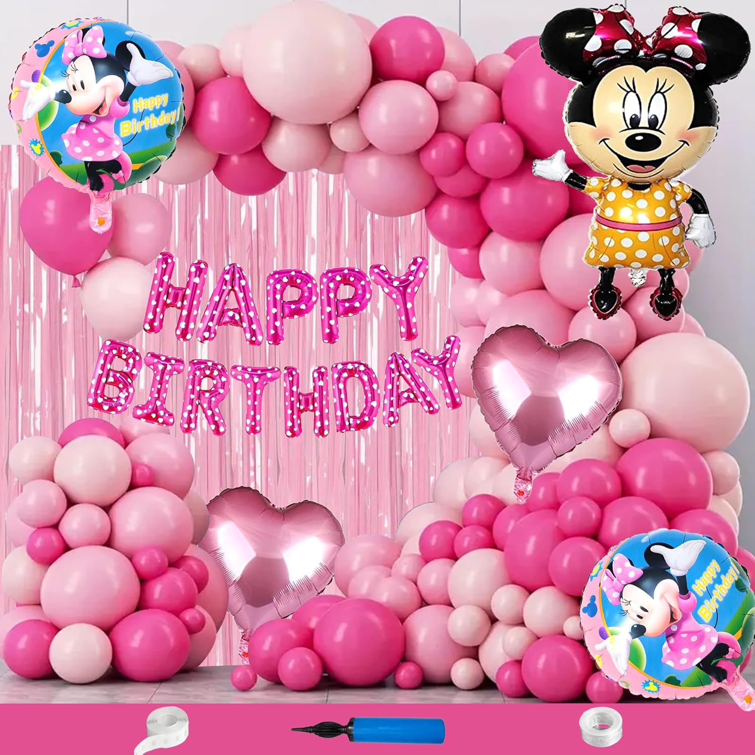 Pink Mouse Theme Happy Birthday Balloon Decoration Kit for Girls, 111 Pcs