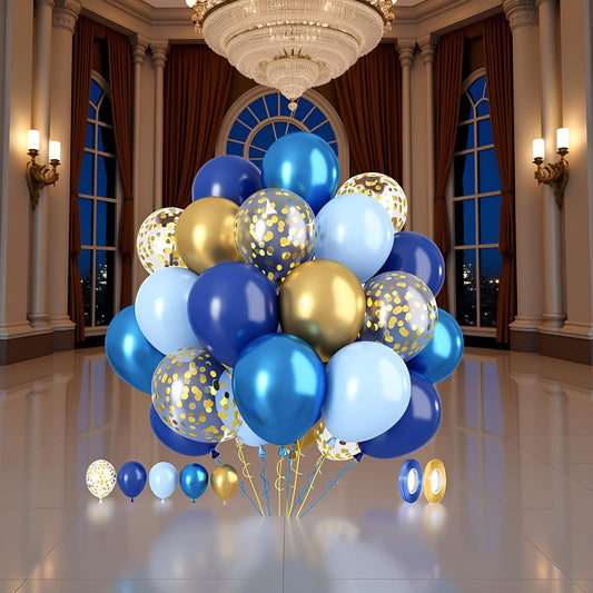 60 Pcs Metallic Blue Gold Confetti Balloons for Wedding & Birthday Party