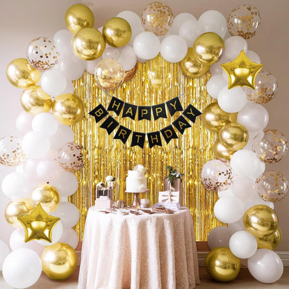 Happy Birthday Decoration Kit with Gold & White Balloons - 63 Pcs combo