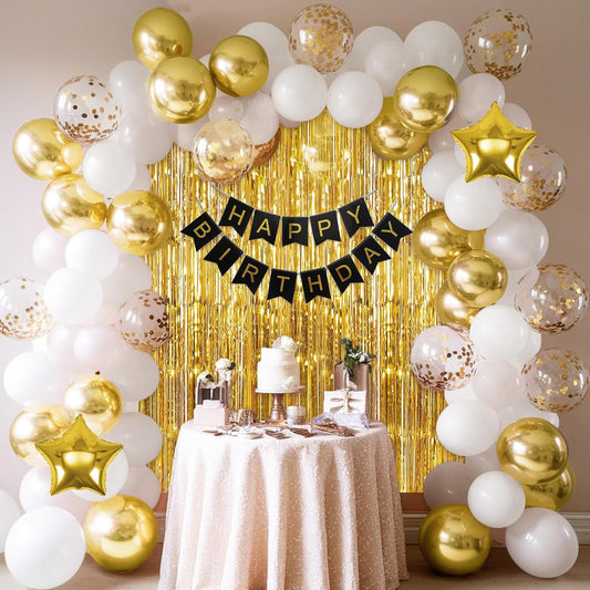 Happy Birthday Decoration Kit with Gold & White Balloons - 63 Pcs combo