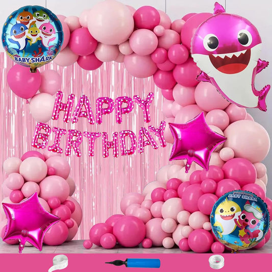 CRAZYKART Shark Theme Happy Birthday Decoration Kit for Girls, 111 Pink Pieces
