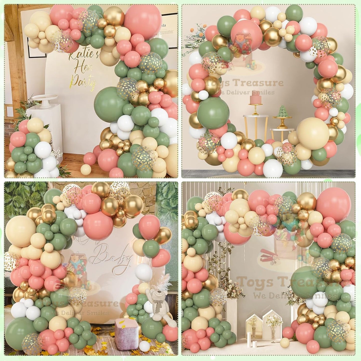 Green Pink Gold Latex Metallic Confetti Balloons kit - 153 Pcs Pack