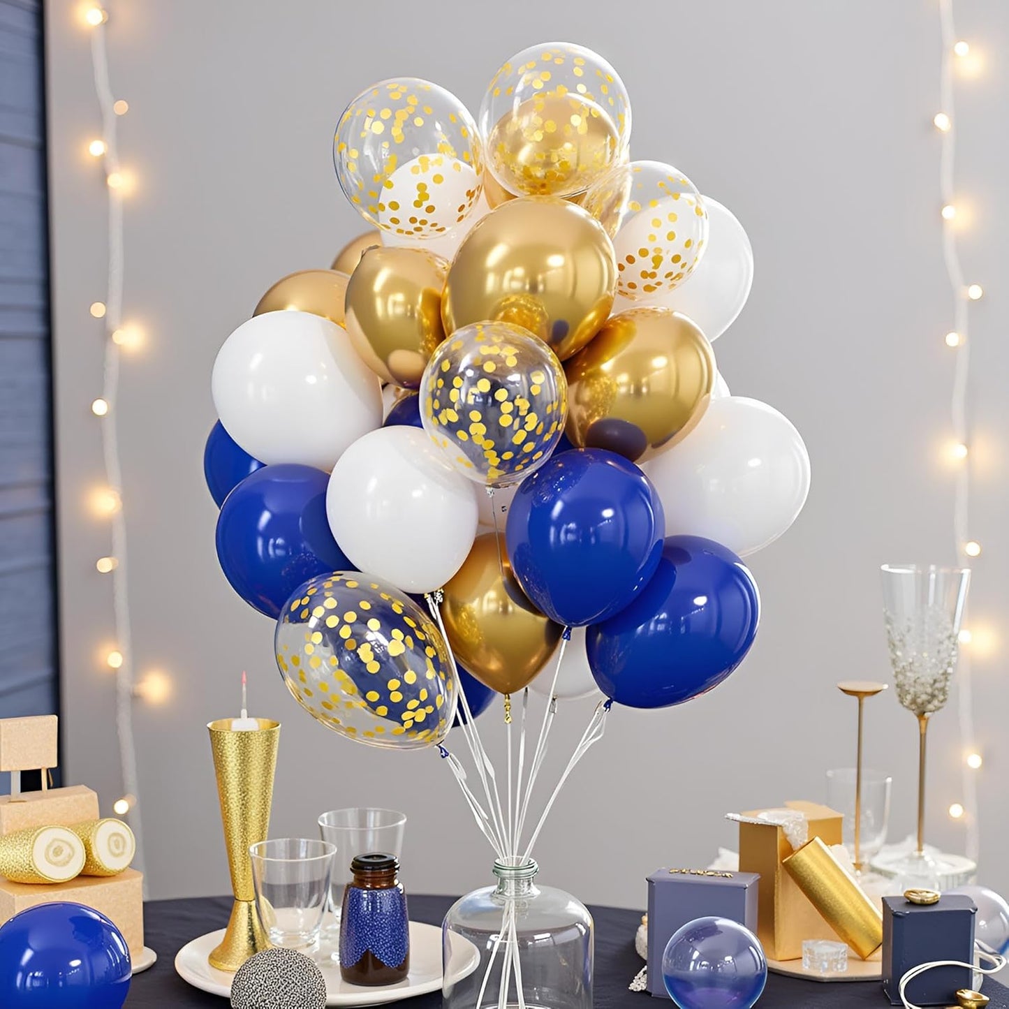 60pcs Metallic Gold Blue White Confetti Balloons for Wedding & Birthday