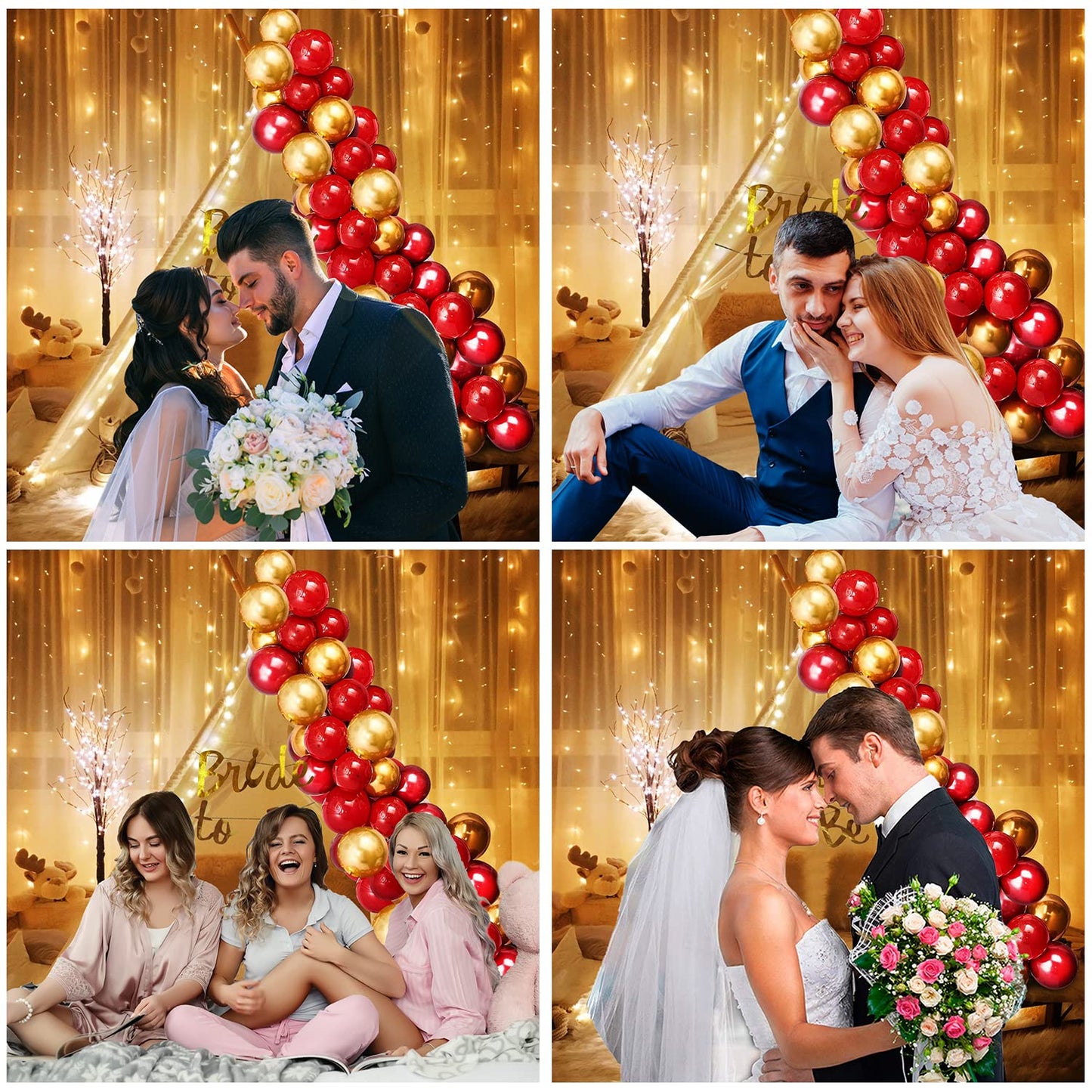 26-Piece Golden Red Bridal Shower Decoration Kit with Net Curtains & LED Lights