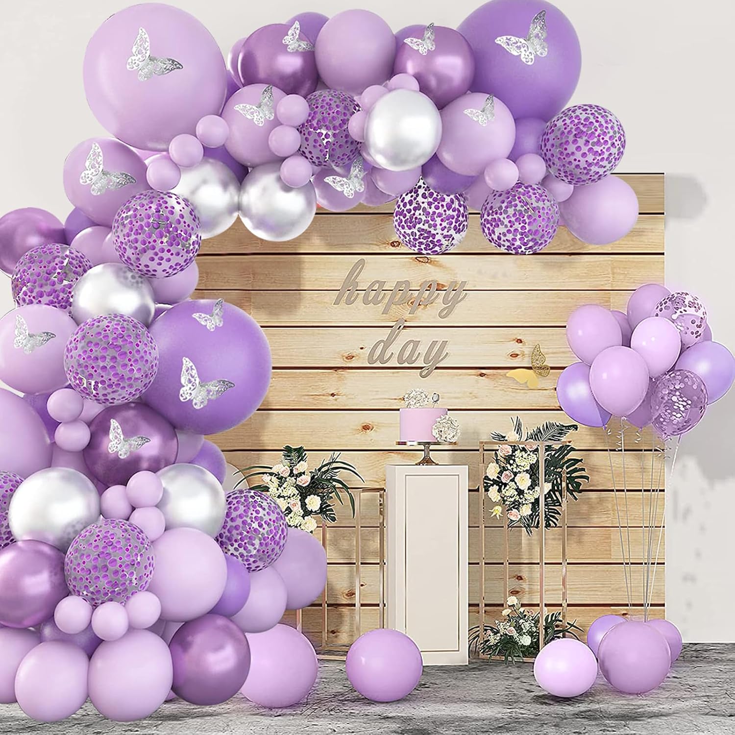 Magical Purple Butterfly Balloon Arch Kit with Shimmering Silver Confetti for Girls