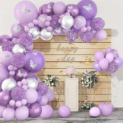 Magical Purple Butterfly Balloon Arch Kit with Shimmering Silver Confetti for Girls