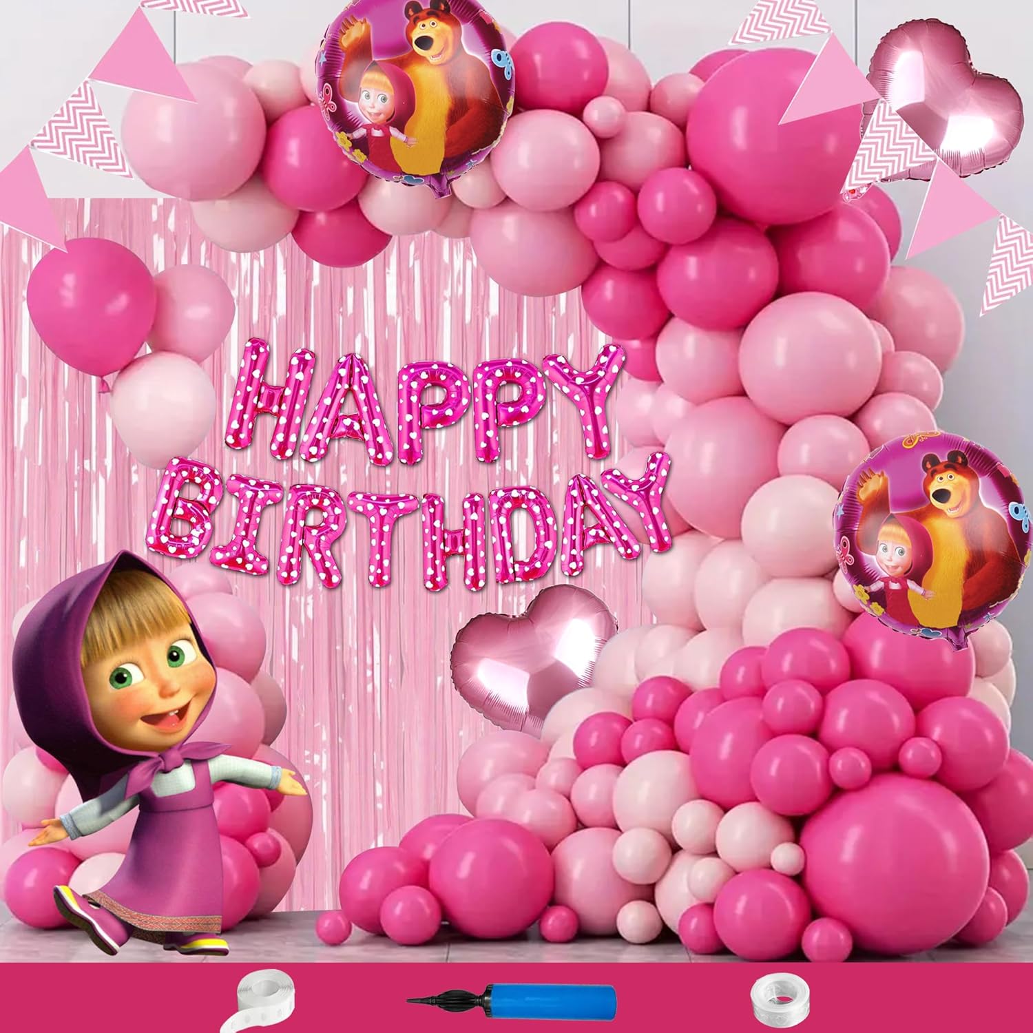Masha Theme Happy Birthday Pink Balloon Garland Kit for Girls Party