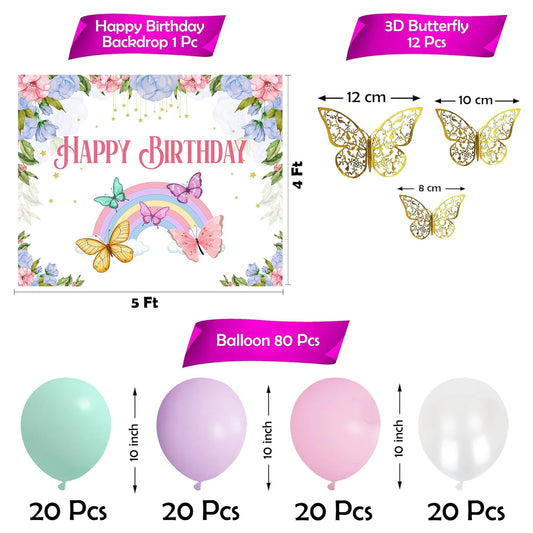 93-Piece Butterfly Theme Birthday Decoration Kit for Girls: Pastel Balloons & Backdrop