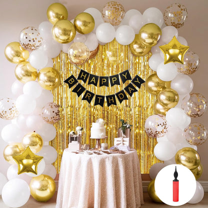 Happy Birthday Decoration Kit with Gold & White Balloons - 63 Pcs combo