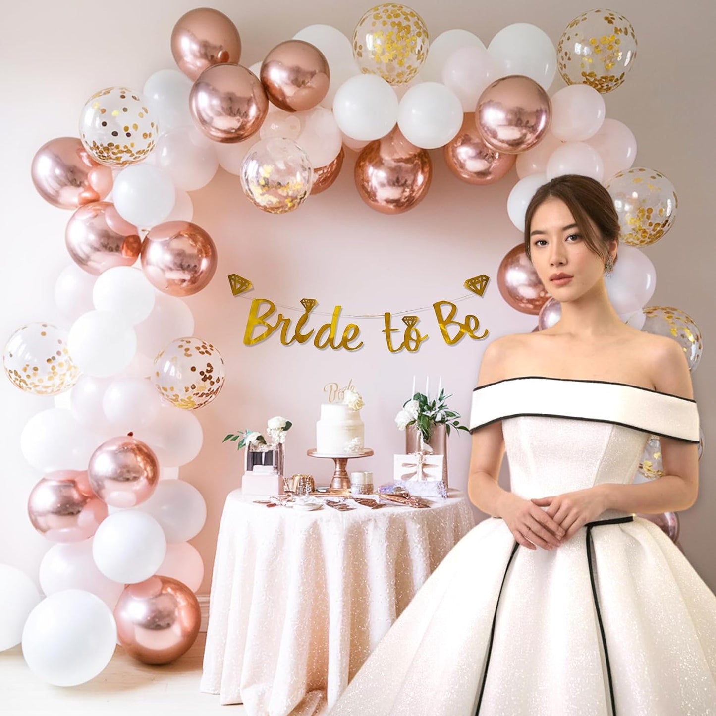 Bride to be Decoration Set with White & Rose gold Balloons- 59 Pcs combo
