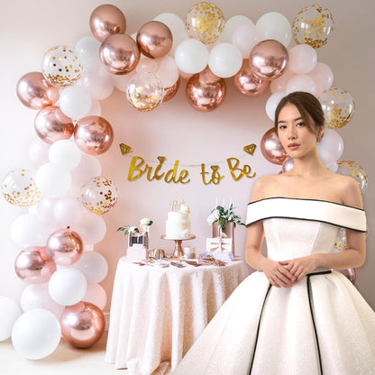Bride to be Decoration Set with White & Rose gold Balloons- 59 Pcs combo