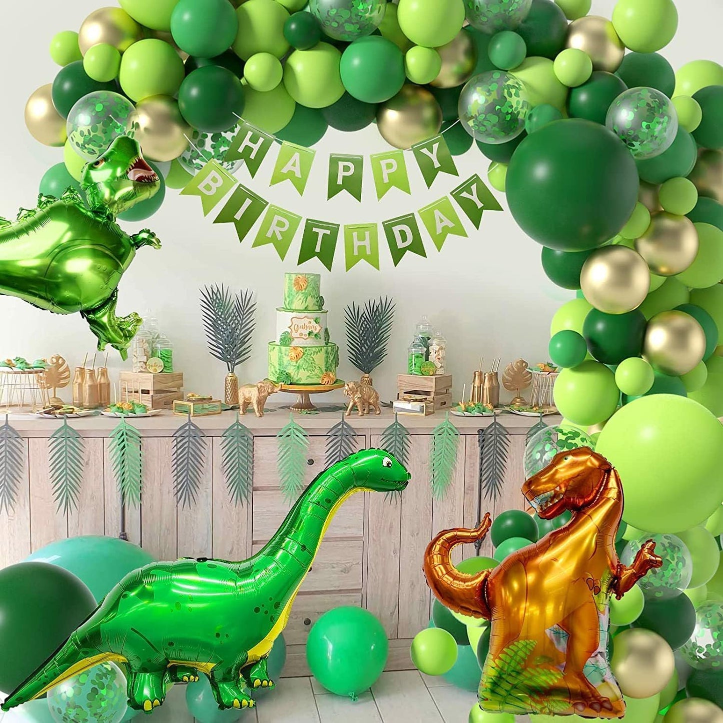 120-Piece Epic Dinosaur Birthday Party Kit - Jungle Green Dino Balloons & Banner