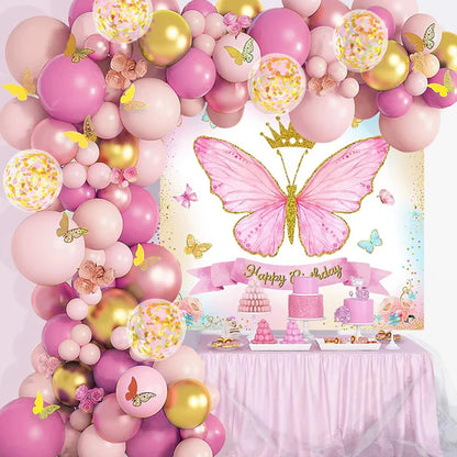 Pink & Gold Butterfly Theme Birthday Decoration Kit - 65 Pcs Combo