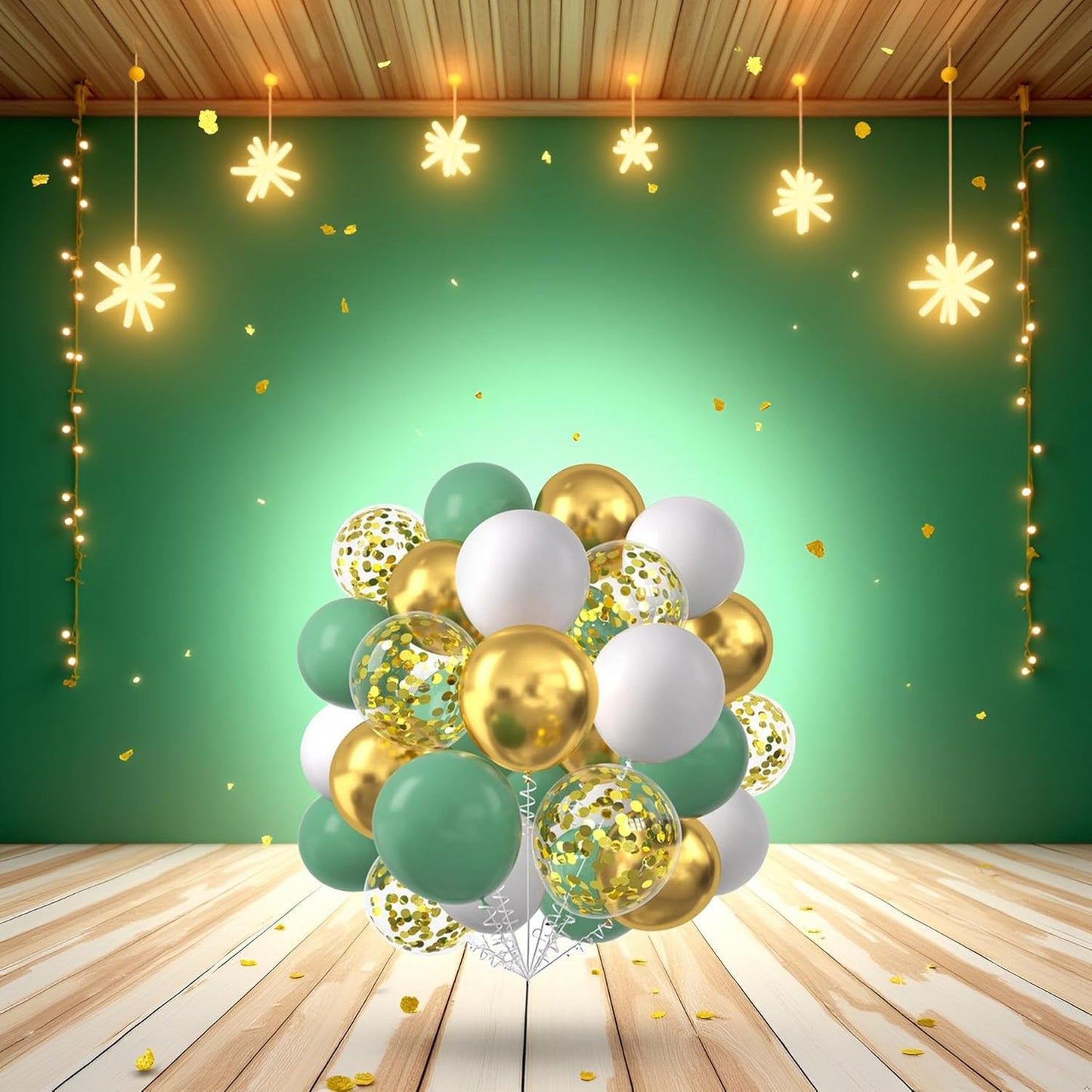 60 Pcs Metallic Gold Green and White Confetti Balloons  for Wedding & Birthday Party