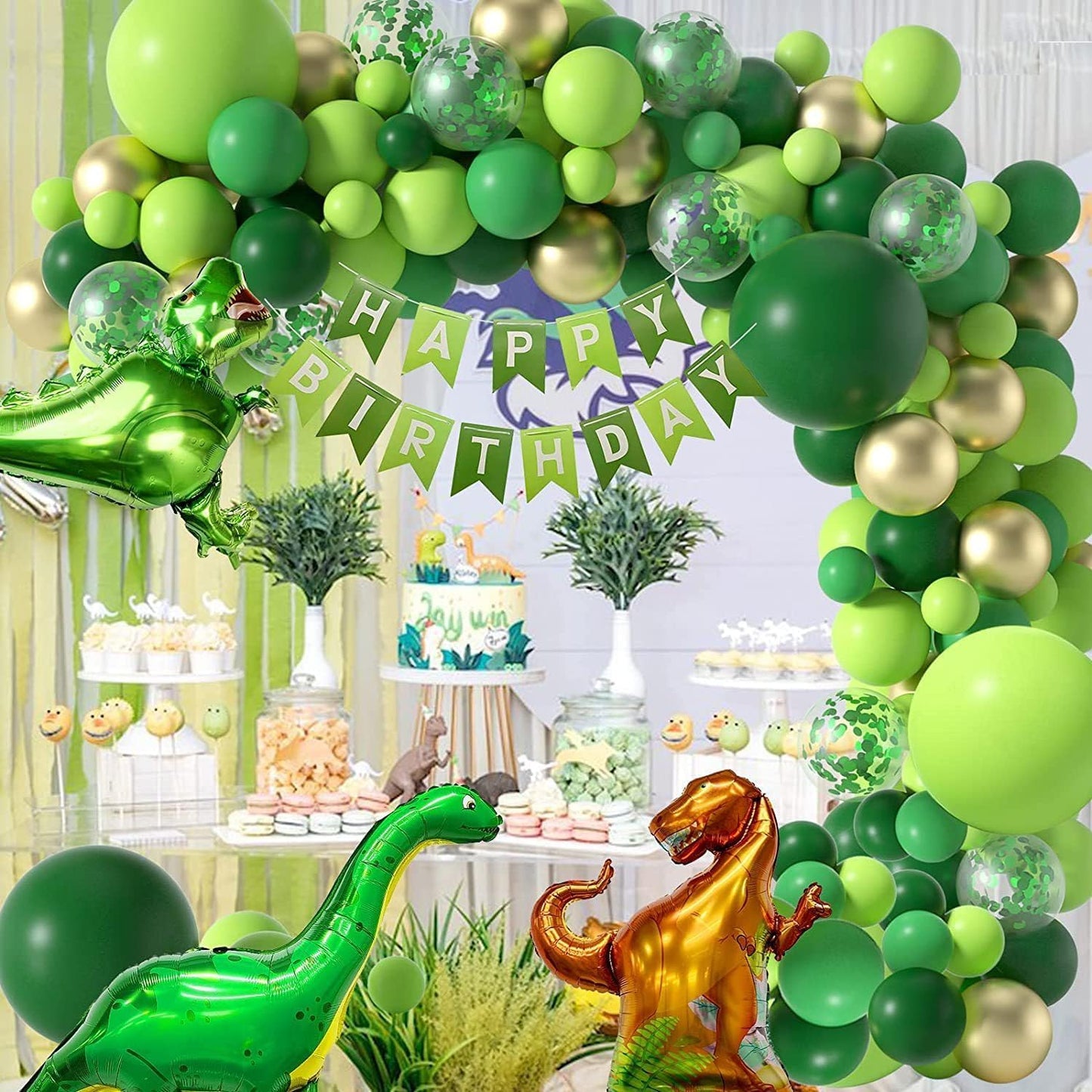 120-Piece Epic Dinosaur Birthday Party Kit - Jungle Green Dino Balloons & Banner