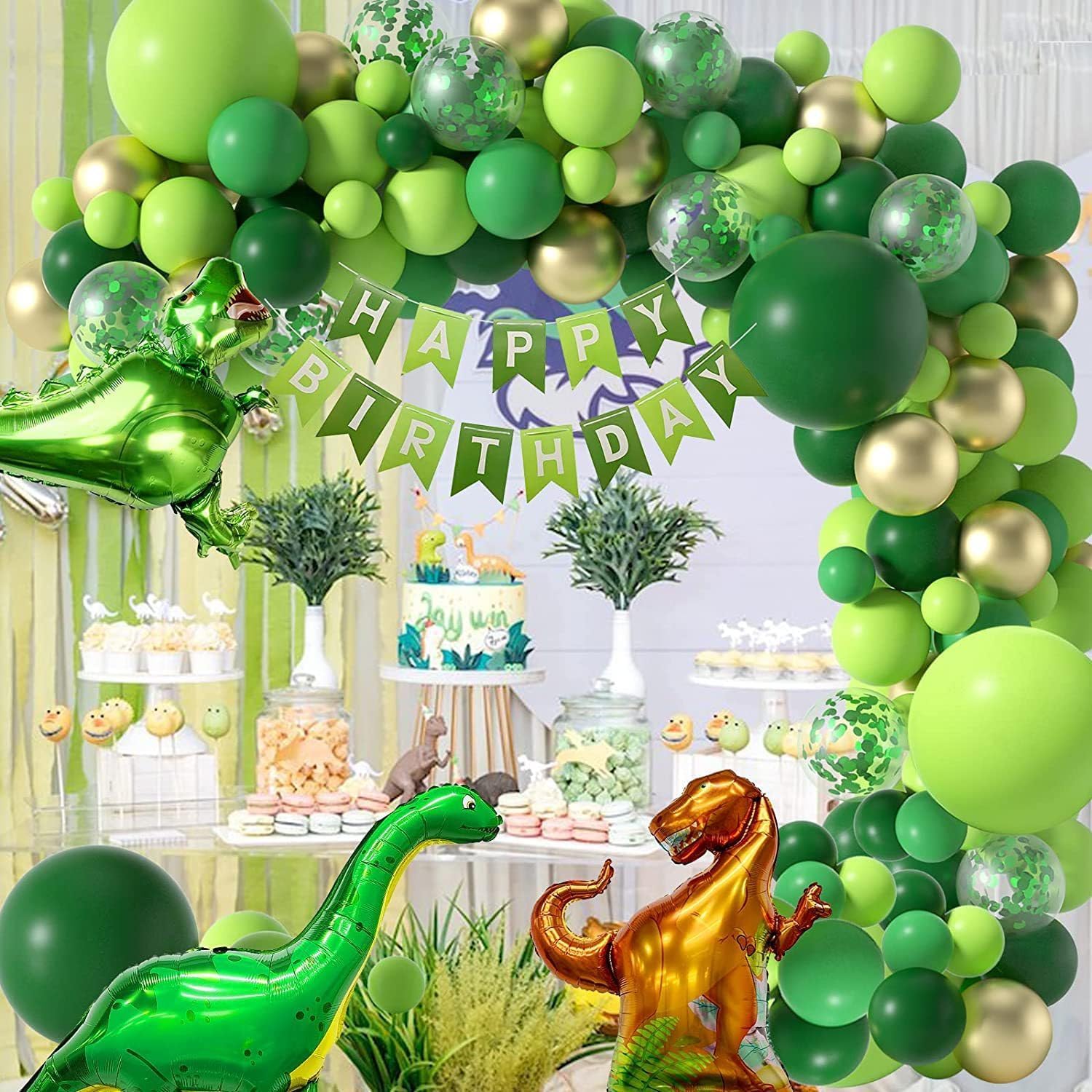 120-Piece Epic Dinosaur Birthday Party Kit - Jungle Green Dino Balloons & Banner