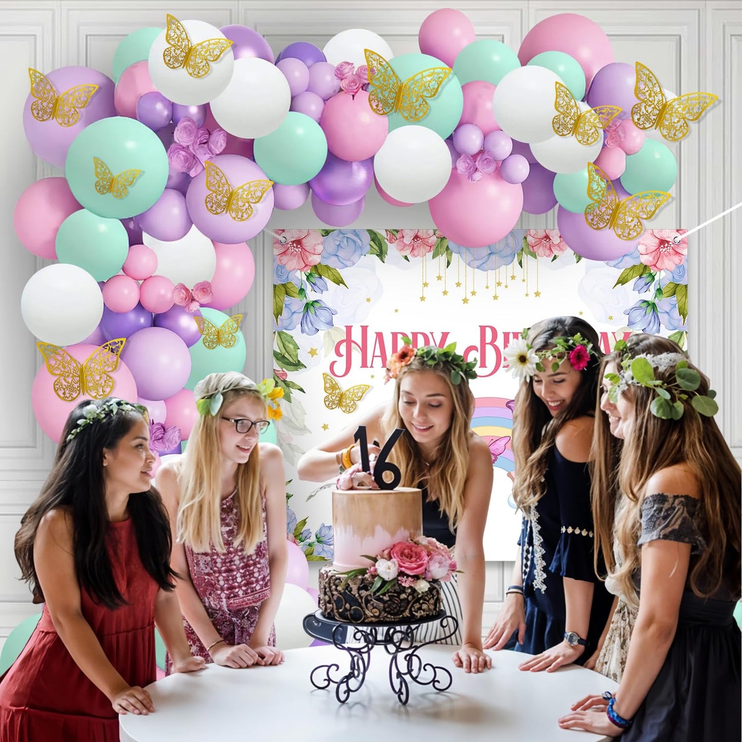 93-Piece Butterfly Theme Birthday Decoration Kit for Girls: Pastel Balloons & Backdrop