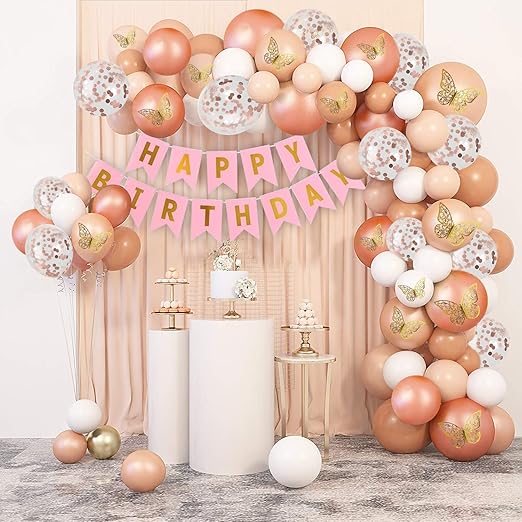 74-Piece Rose Gold Birthday Decoration Kit with 3D Butterflies & Confetti Balloons