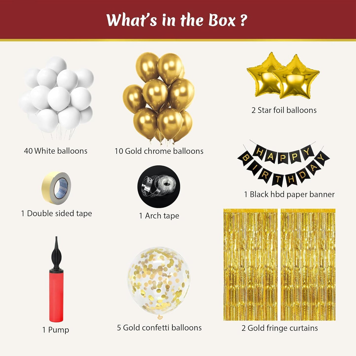 Happy Birthday Decoration Kit with Gold & White Balloons - 63 Pcs combo